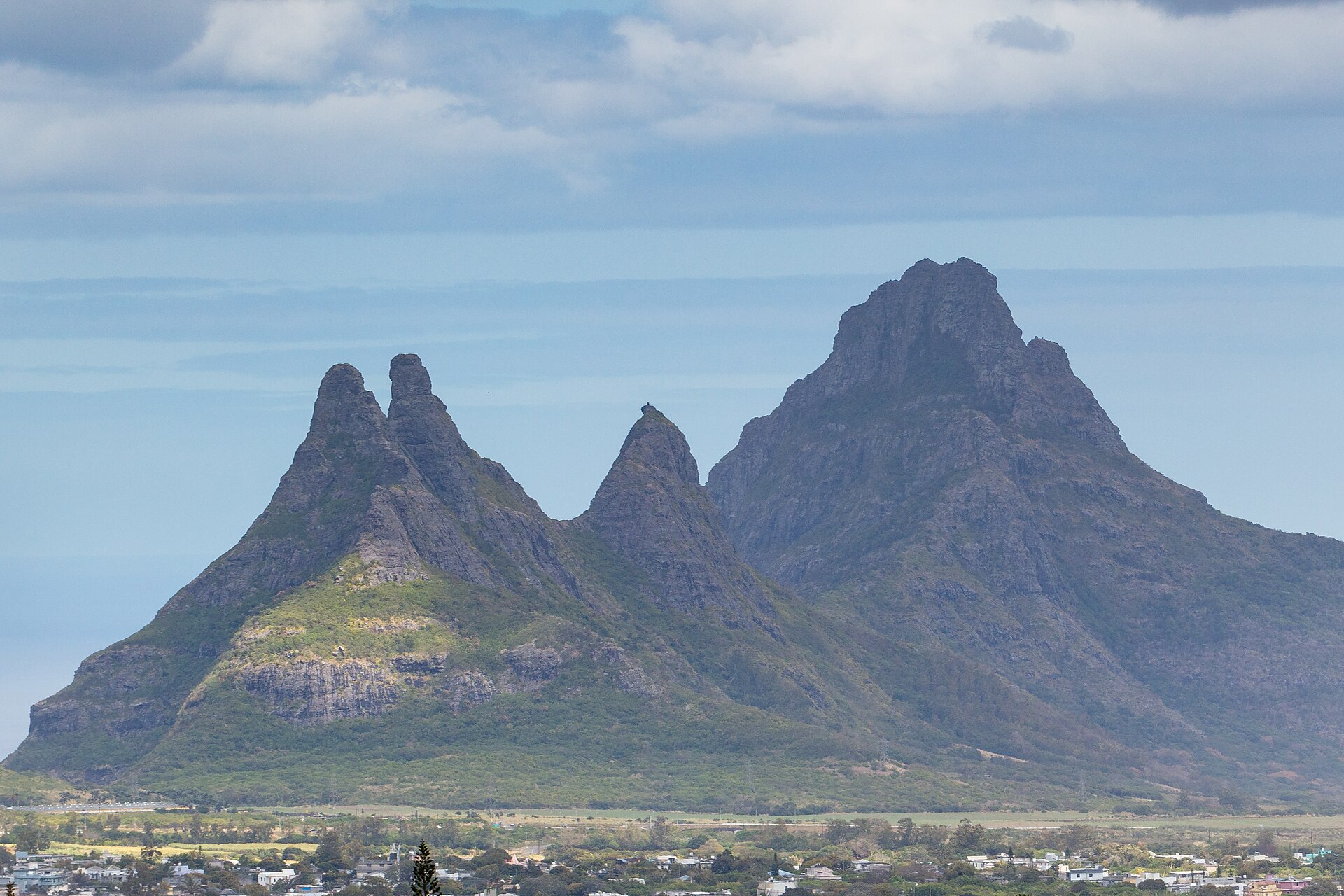 The distinctive volcanic peaks of Trois Mamelles in western Mauritius